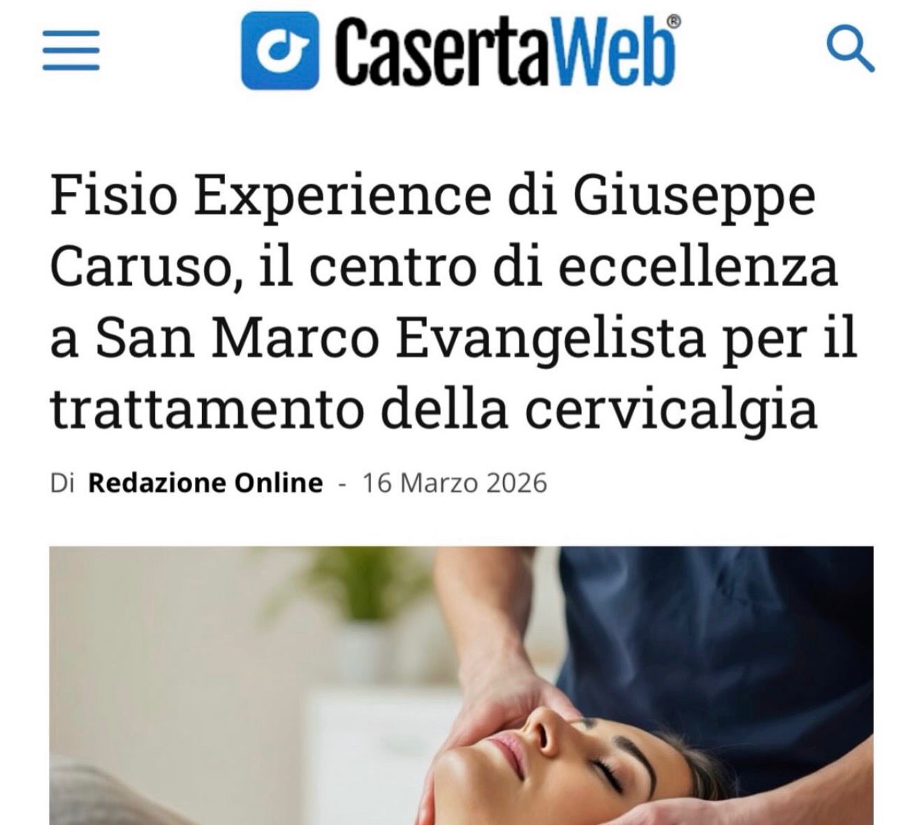 Articolo CasertaWeb su Fisio Experience - Centro di eccellenza per la cervicalgia